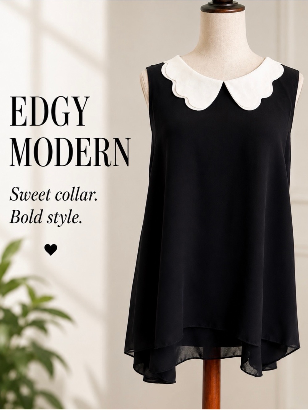 Black Sleeveless Tunic with White Scalloped Collar